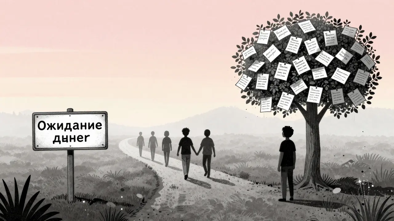 Путь через заброшенные попытки к дереву из благодарностей, с группой людей, идущих вместе.