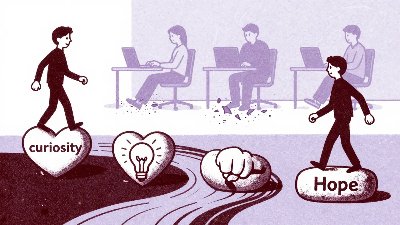 Путь эмоций: любопытство, напряжение, гордость, надежда — как камни через реку текста, старые иллюстрации разрушаются на фоне.