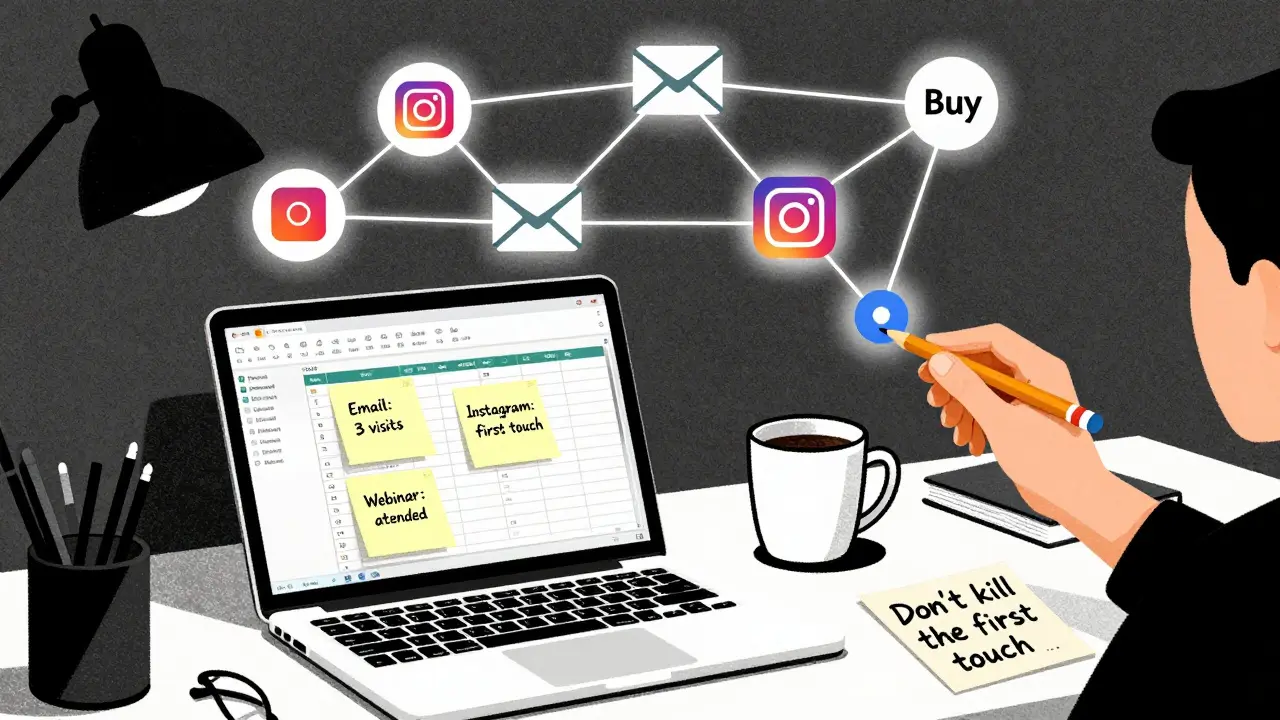 Рабочий стол с CRM и заметками, показывающий связь между каналами и первым контактом клиента