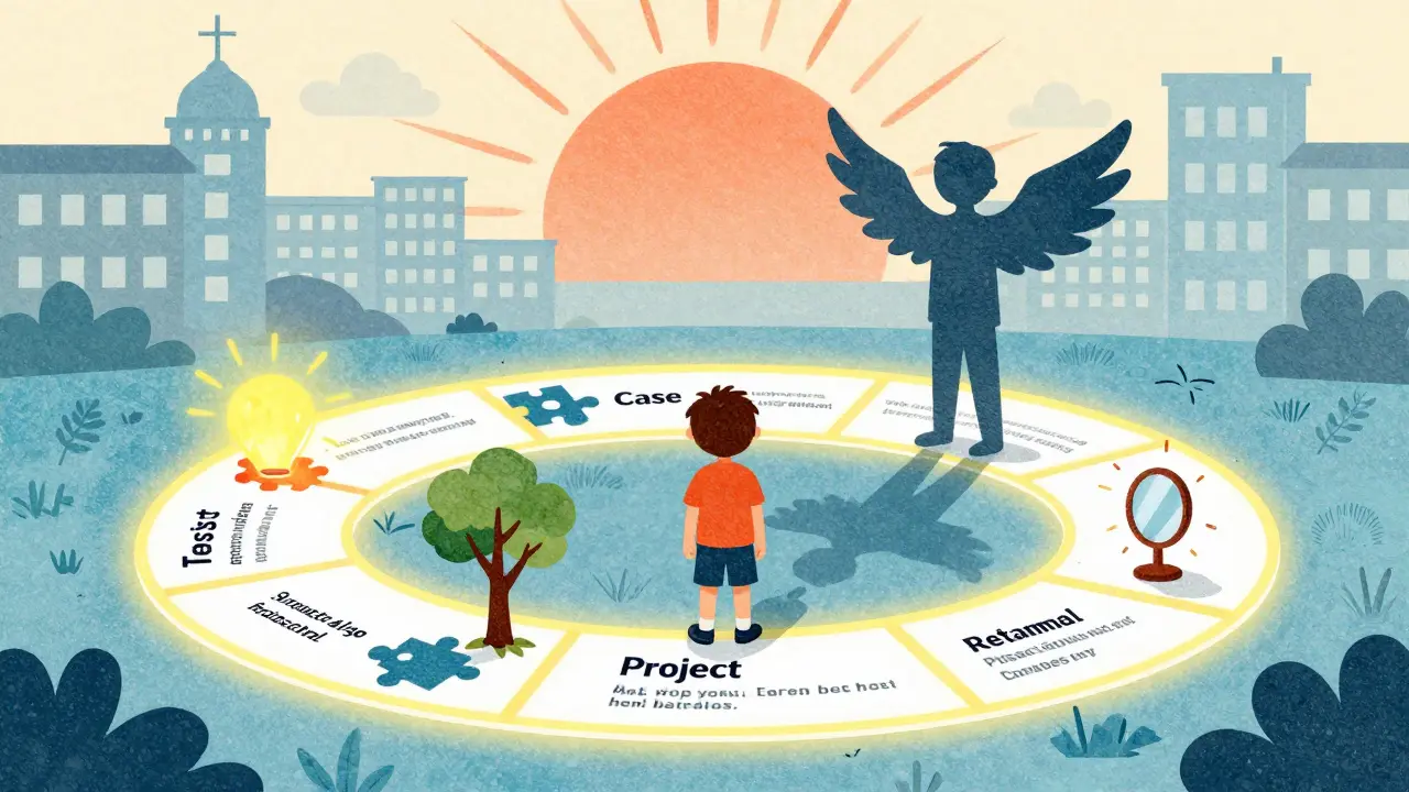 Ребёнок на пути к развитию через четыре формы обучения, его тень превращается в мыслящего человека.