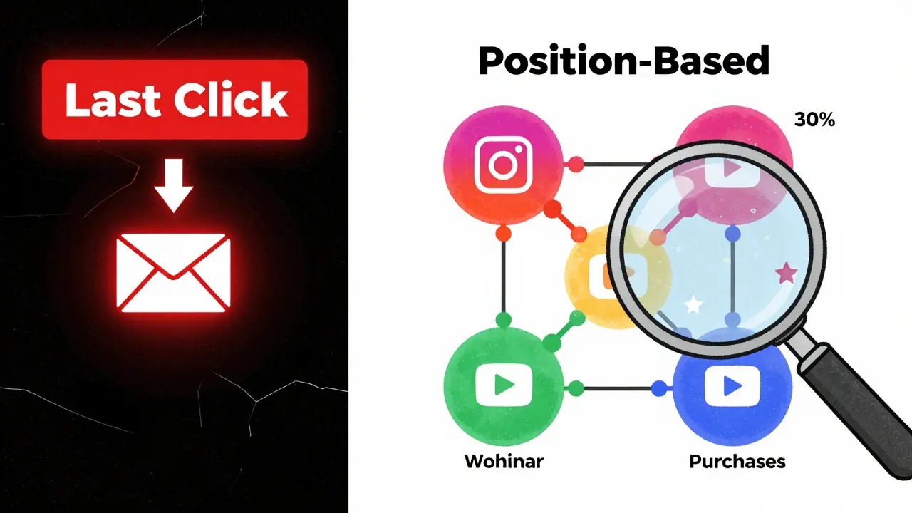 Сравнение модели Last Click и Position-Based в виде раздельных сцен с акцентом на правильную атрибуцию
