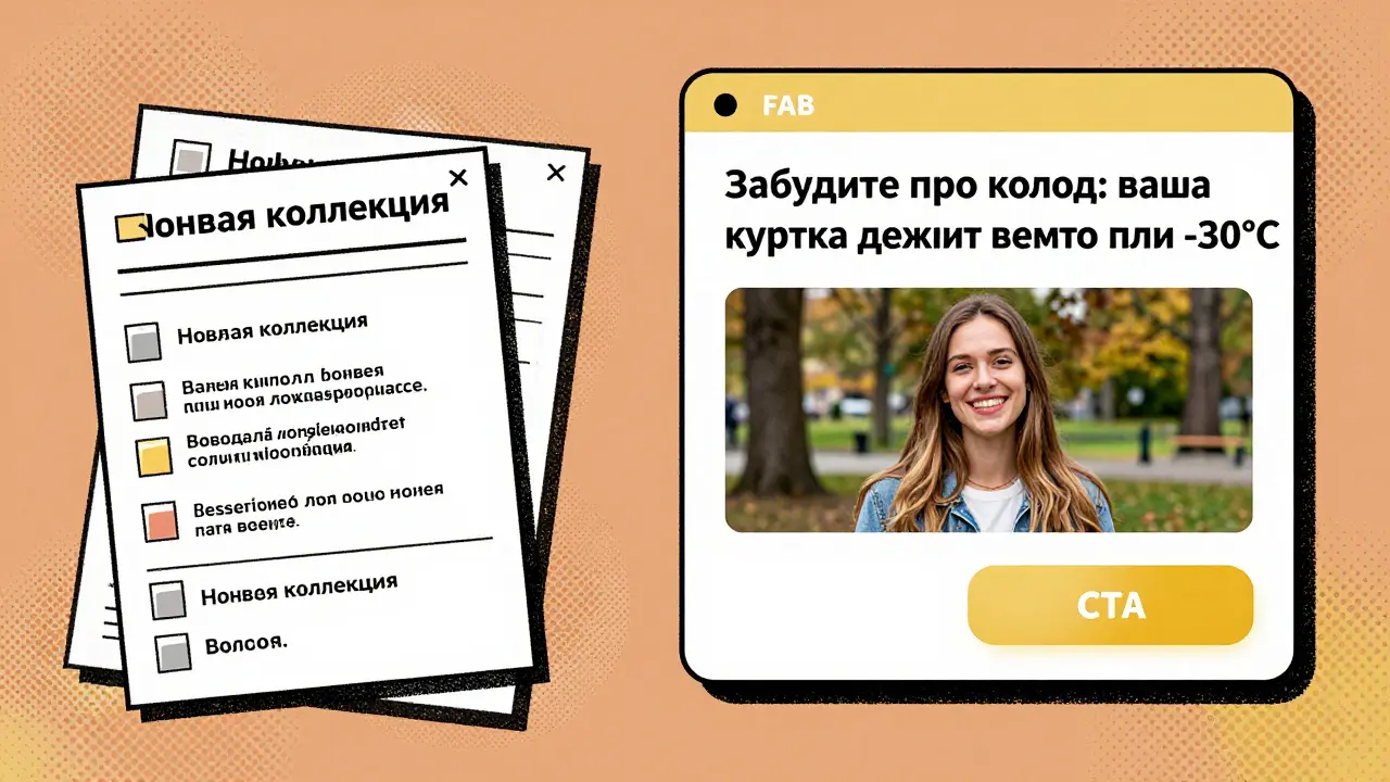 Сравнение: мусорный ящик слева, ясное продающее письмо с заголовком и кнопкой справа.