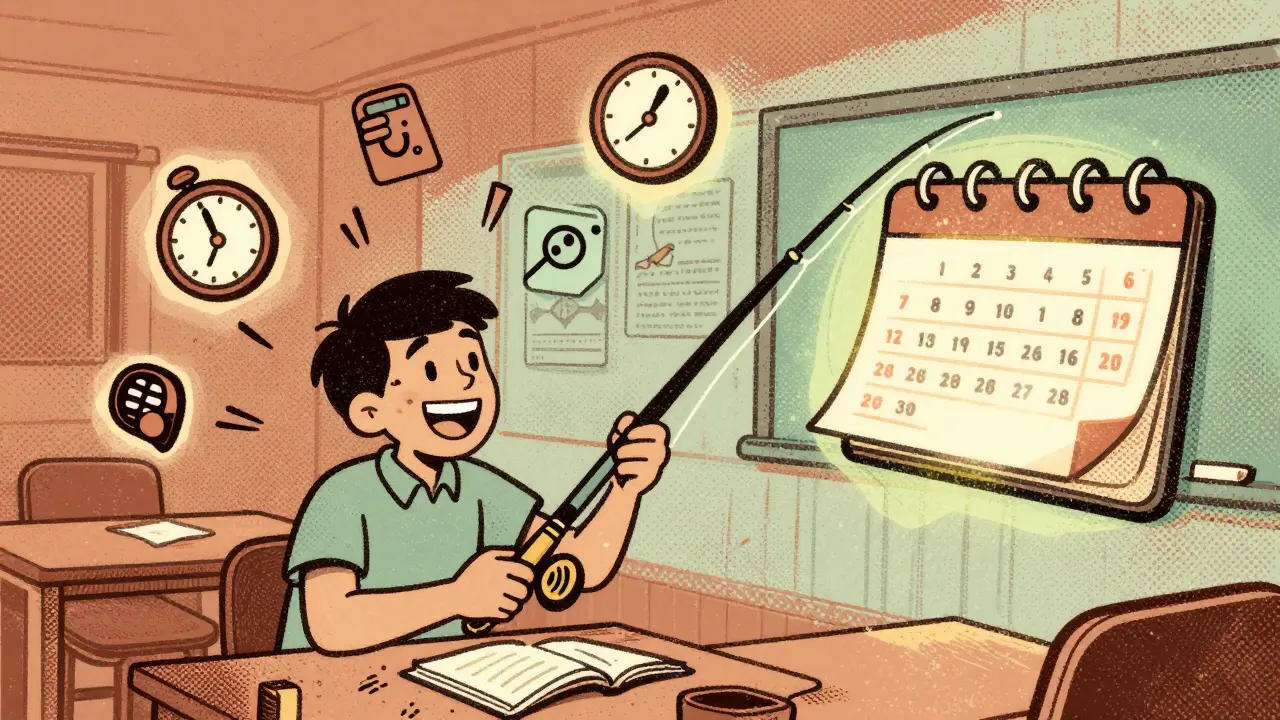 Студент из Владивостока с удочкой и светящимся календарём, вокруг — элементы тайм-менеджмента, оформленные в стиле рисографии.