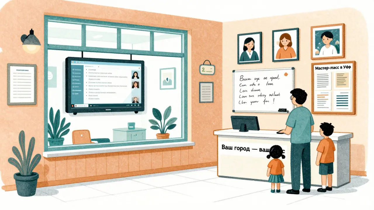 Уютный офис онлайн-школы с родителями и детьми у приёмной