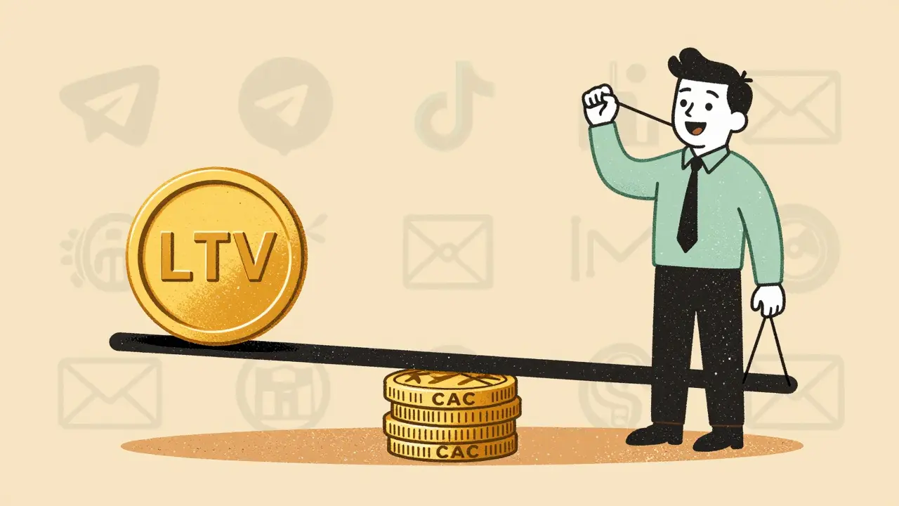 Весы с LTV и CAC, предприниматель настраивает баланс, вокруг — каналы привлечения клиентов.