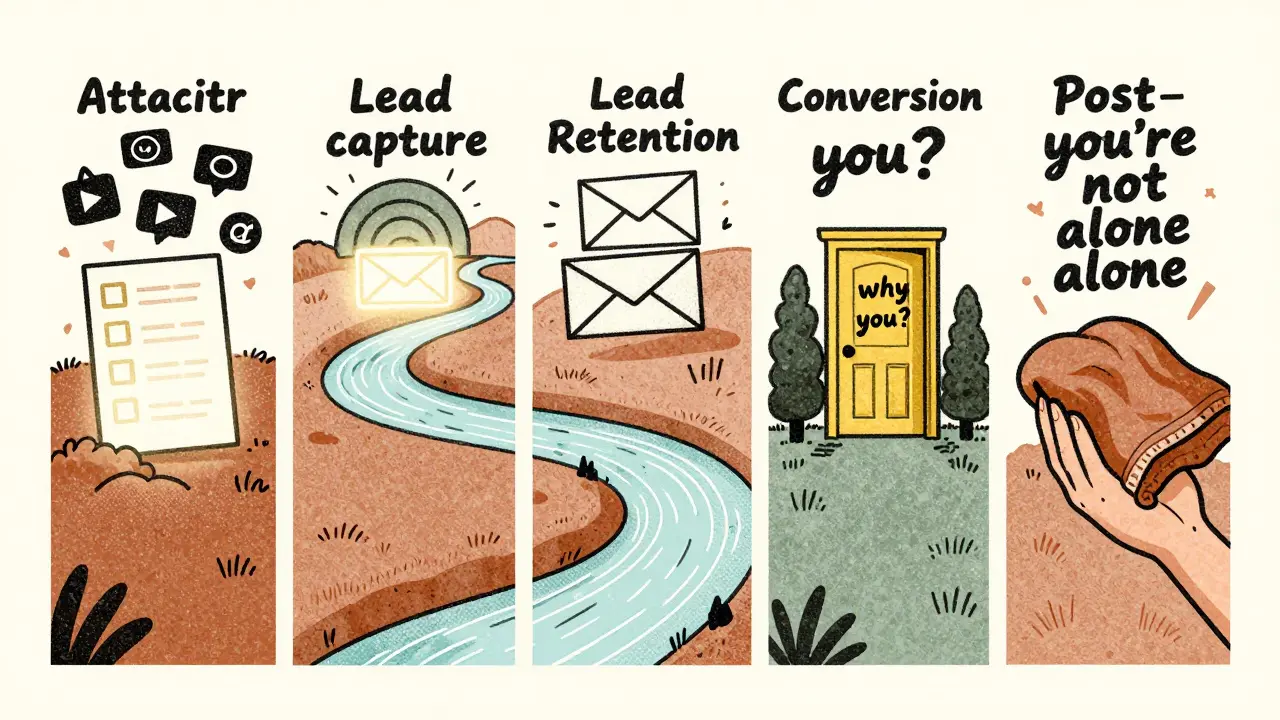 Воронка продаж как река через пять этапов с визуальными символами каждого этапа.