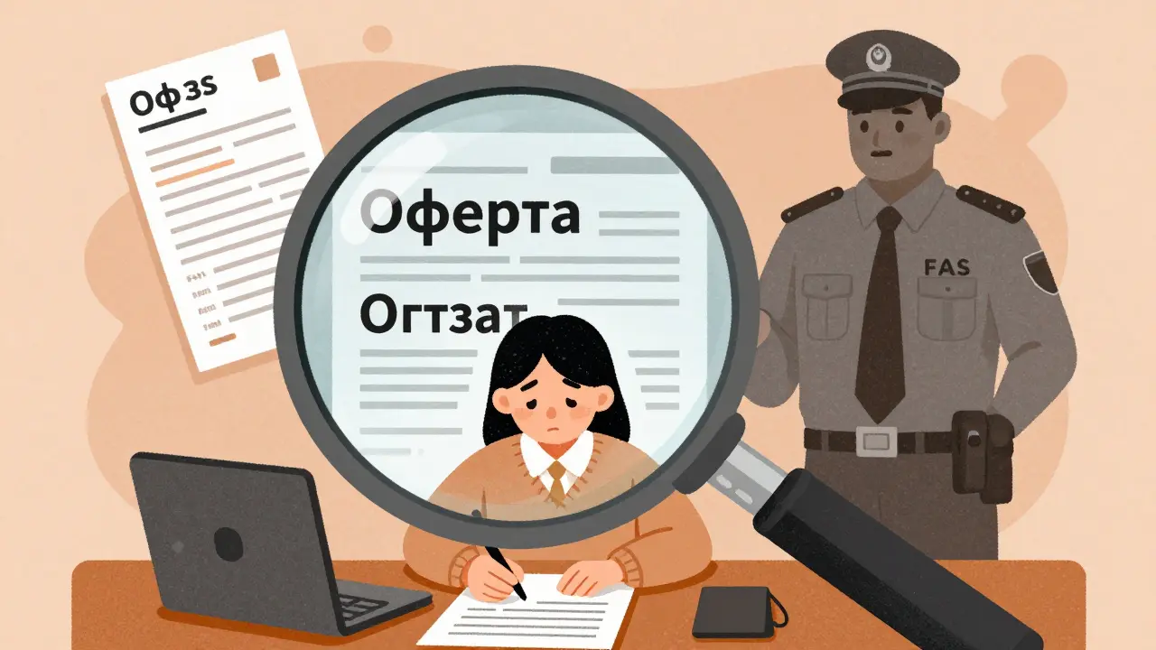 Бизнесмен подписывает договор под увеличительным стеклом, показывающим юридические требования, за спиной — инспектор с квитанцией.