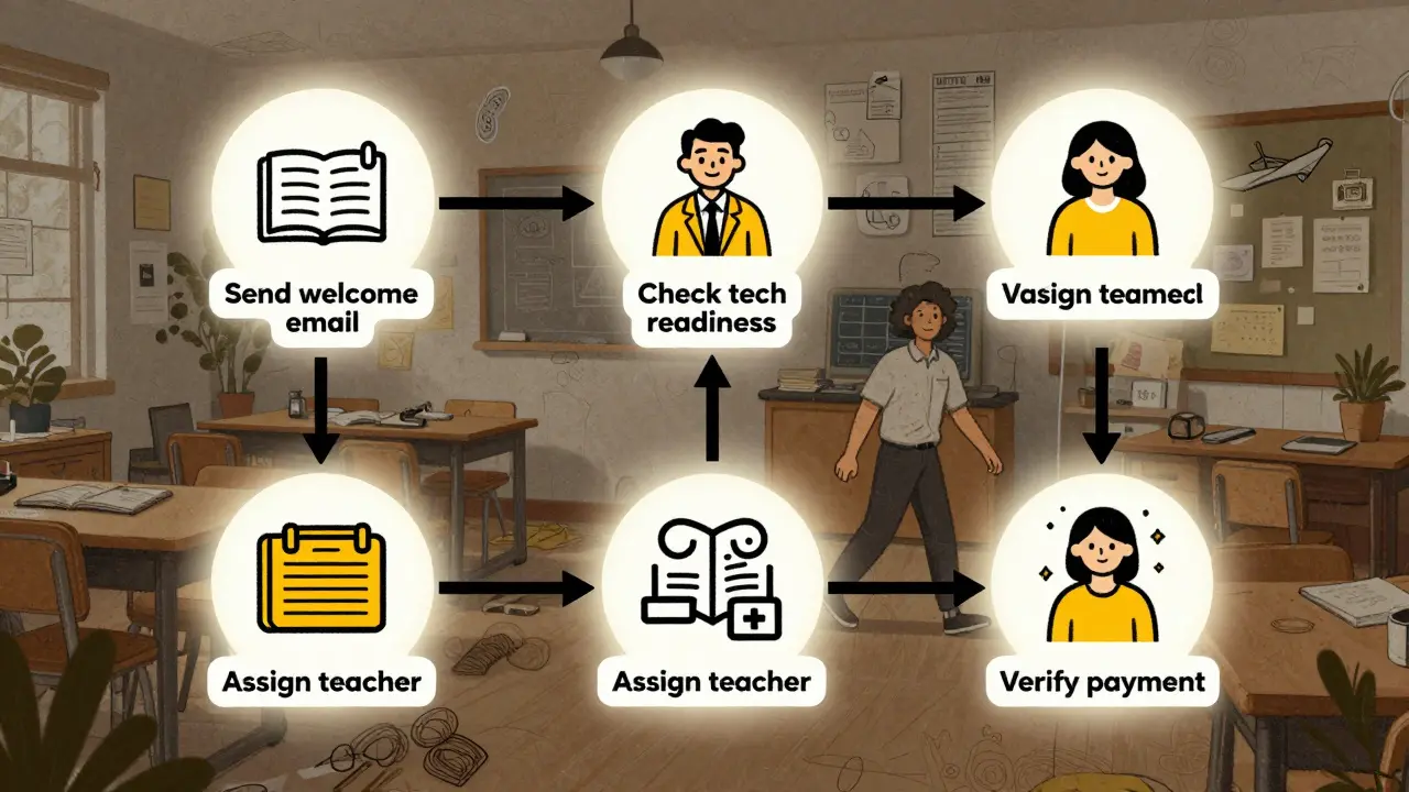 Четкий пошаговый процесс управления уроками в виде живой дорожки, команда идет по нему уверенно.