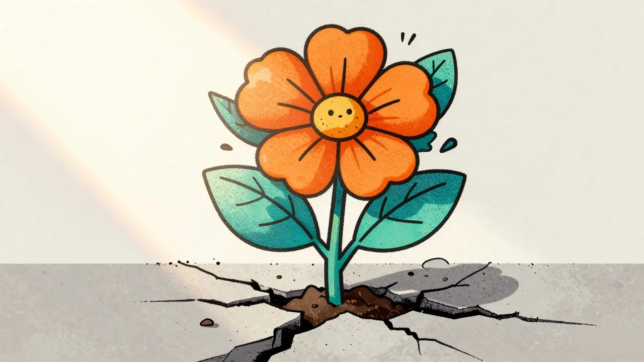 Цветок прорастает из бетона, символизируя восстановление доверия