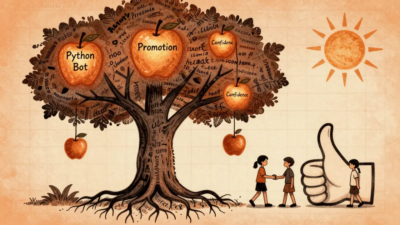 Дерево с плодами успеха, студенты передают друг другу результаты обучения.