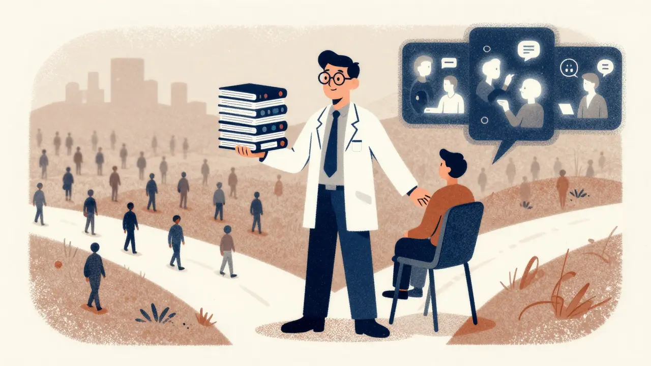 Эксперт на перепутье: одна рука держит курсы, другая — стул для клиента, символизируя выбор между масштабом и глубиной.