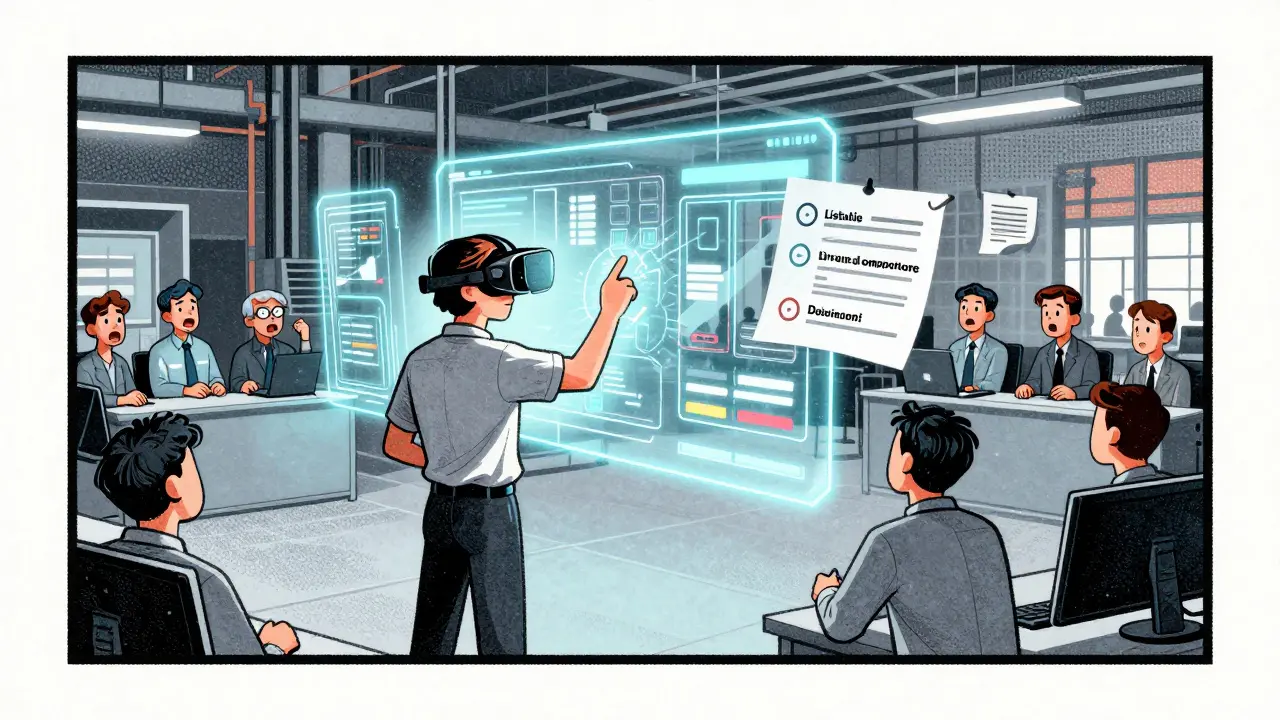 Employee in VR headset manages a factory crisis, surrounded by holographic interfaces and animated avatars.