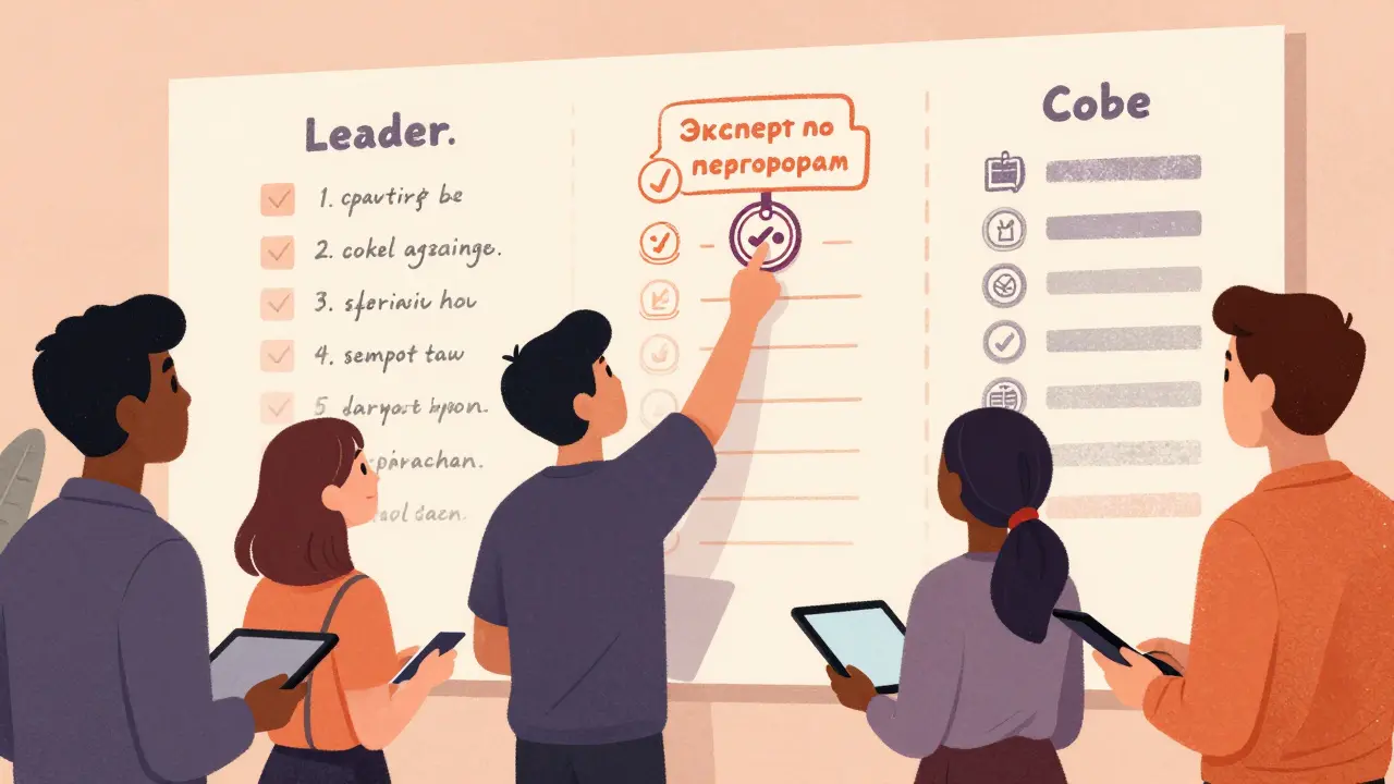 Группа людей рассматривает стену с нарисованными бейджами и рейтингами, помогая друг другу