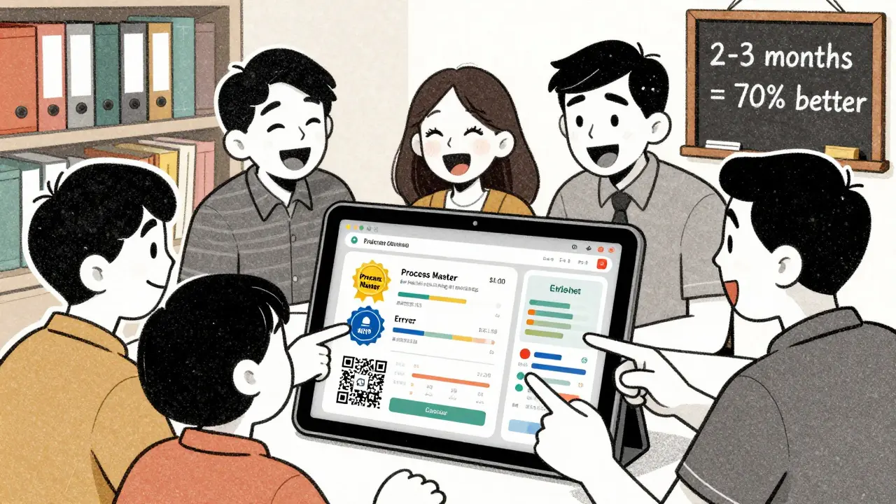 Команда смотрит на цифровой регламент с бейджами и дашбордом, показывающим снижение ошибок.