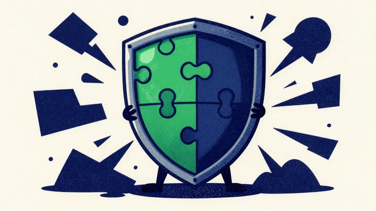 Концептуальный щит из фигур защищает персонажа от темных угроз