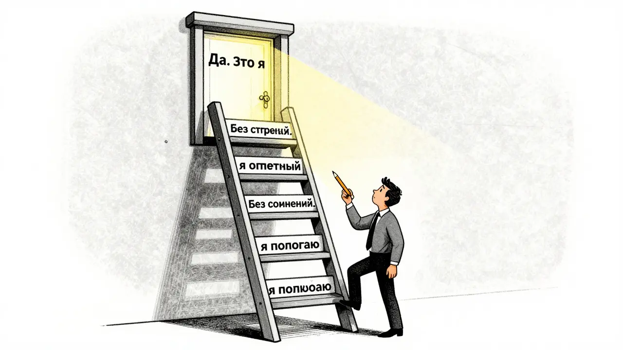 Лестница из слоганов ведет к двери с надписью 'Да. Это я'.