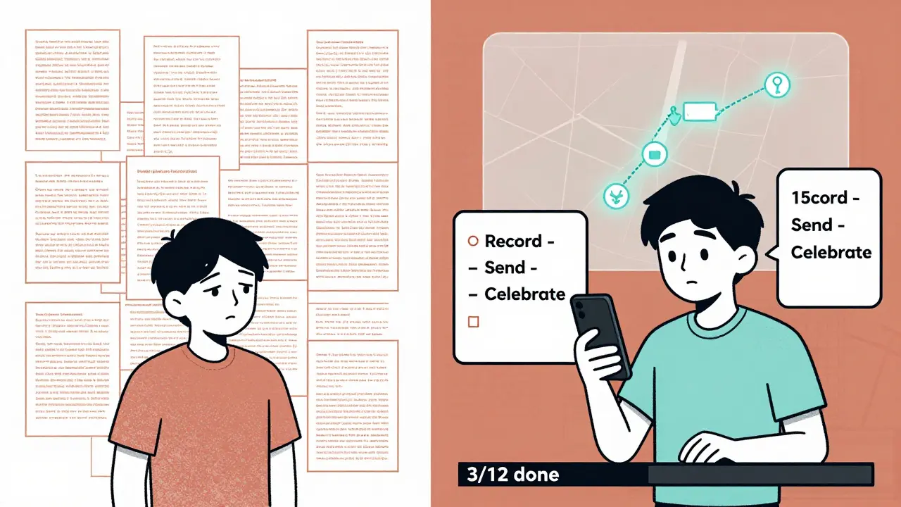 Люди на двух сторонах: один теряется в текстах, другой успешно снимает видео с чек-листом и индикатором прогресса.