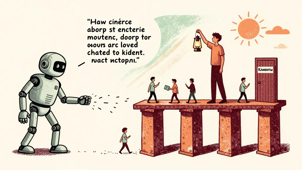 Разделённая сцена: робот с цитатами слева и человек с фонарём на мосту из столпов, ведущем к клиентам.
