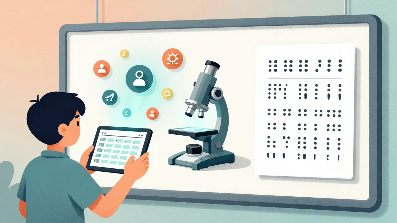 Ребёнок использует планшет над расписанием, появляются анимированные иконки и тактильные обозначения.