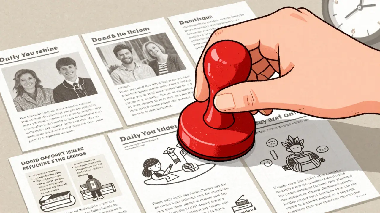 Рука ставит красную печать на стопку обучающих постов, объединённых текстурой бумаги и единым шрифтом, символизируя постоянство бренда.