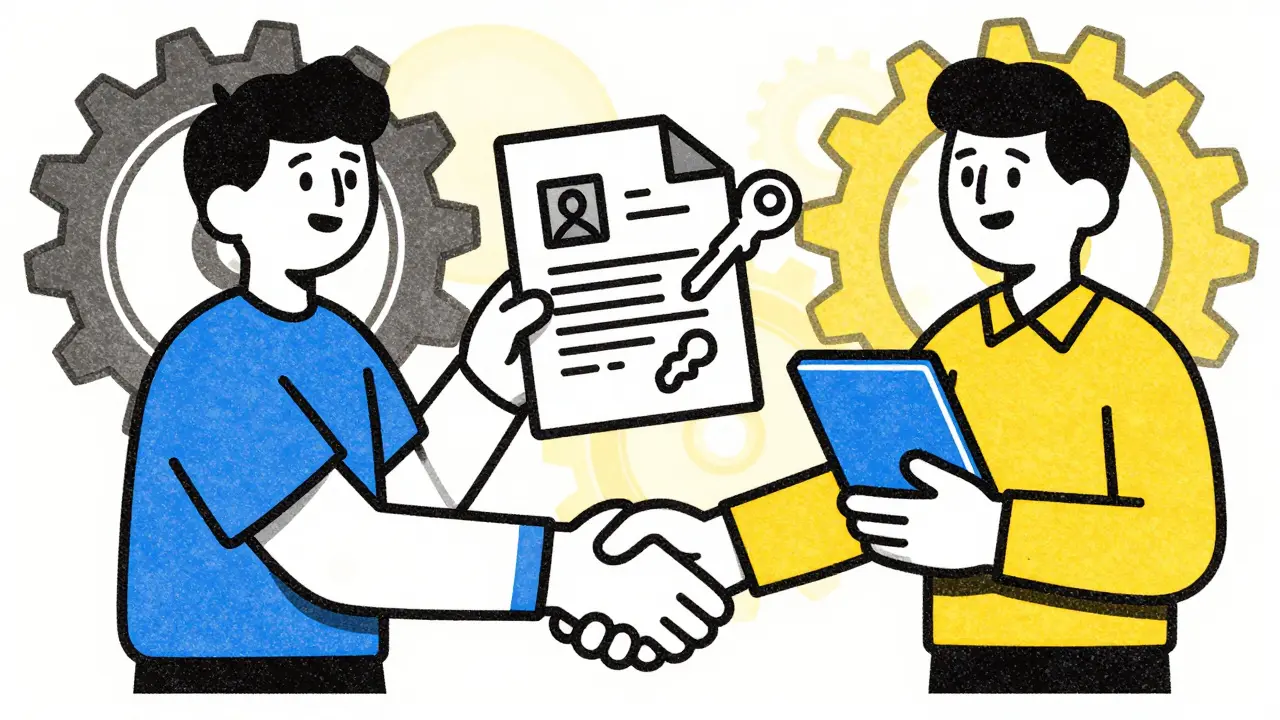 Рукопожатие над цифровым ключом и документом.