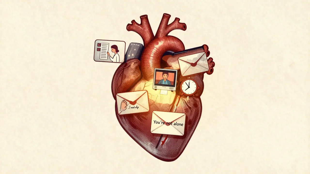 Сердце из почтовых писем, каждое с крошечной сценой поддержки: чек-лист, видео, таймер, запрос помощи и слово 'ты не один'.