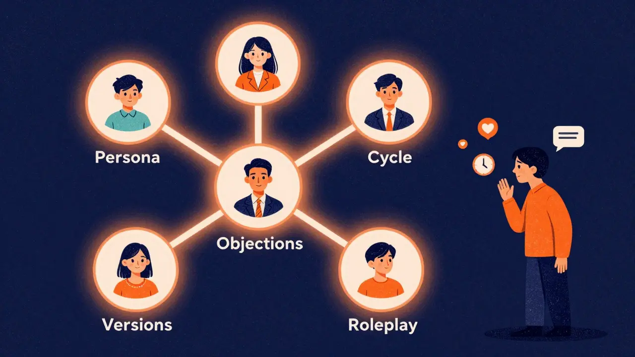 Шесть этапов создания персонализированных сценариев продаж, соединённых в схему с профилями клиентов и подсказками ИИ.