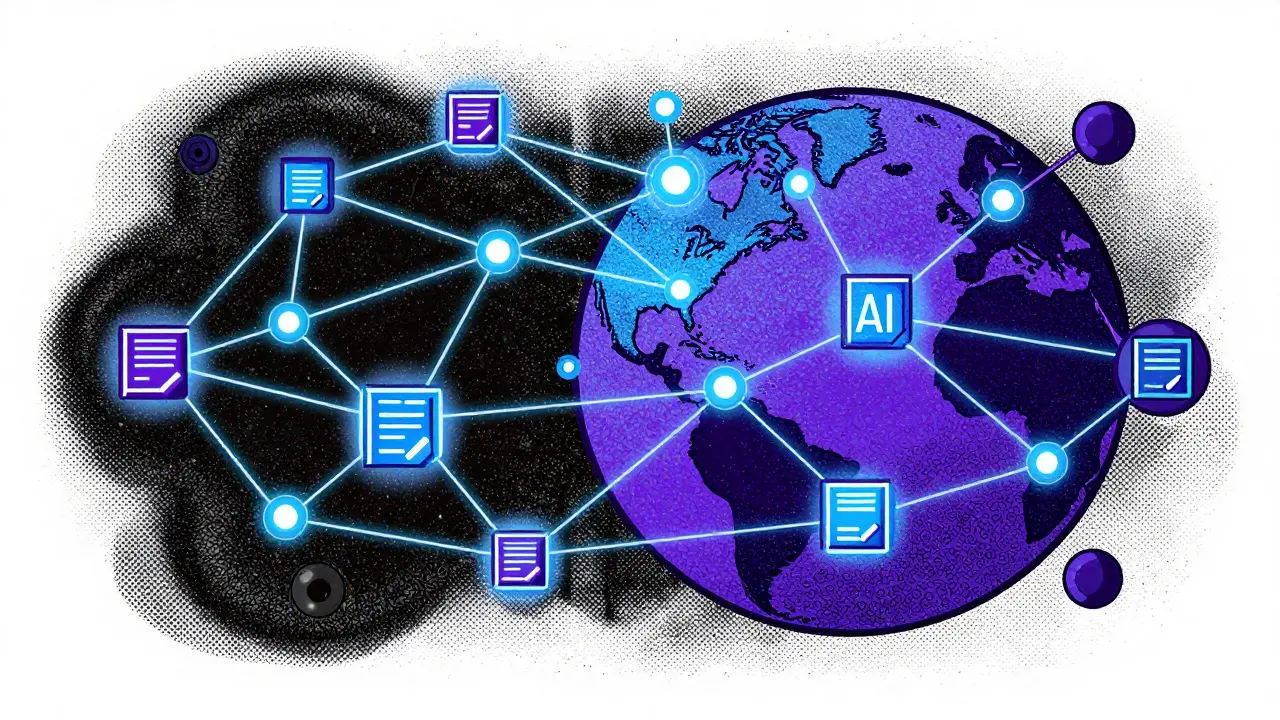 Сеть блокчейна и ИИ вокруг глобуса.