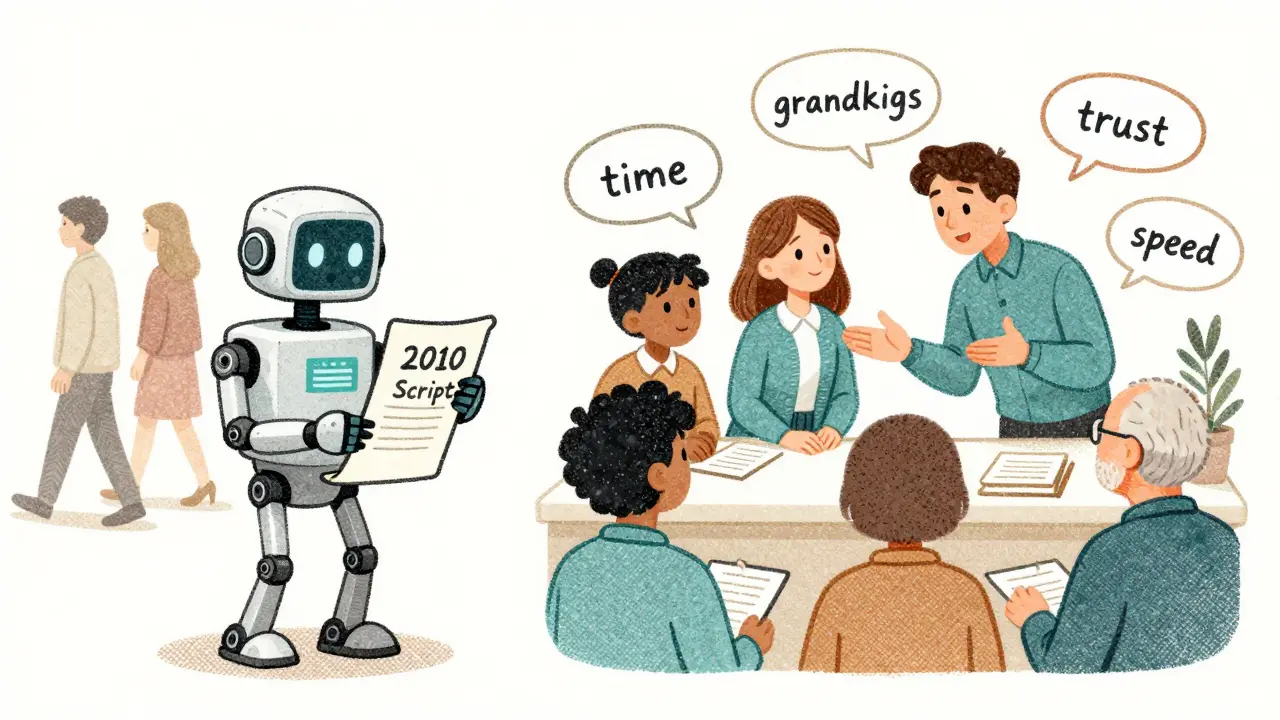 Слева — робот-продавец читает старый скрипт, справа — человек слушает клиентов с разными потребностями.