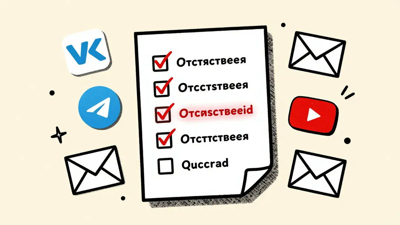 Список проверок с горящим пунктом 'Отсутствует erid' и иконками соцсетей на фоне бумаги.