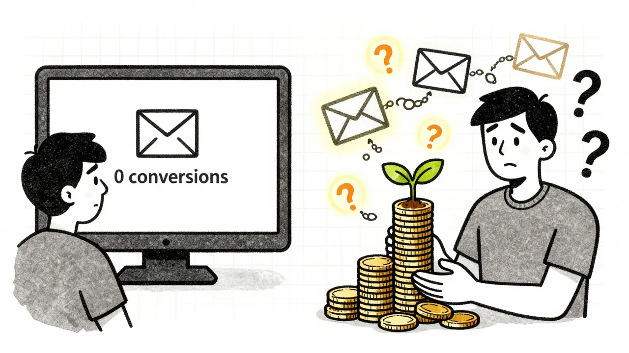 Сравнение: слева — пустой экран, справа — человек с горой денег и glowing email-цепочками.