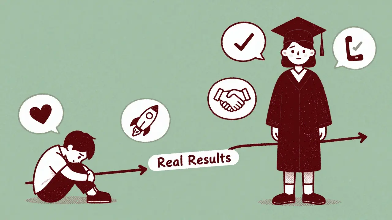 Студент превращается от неуверенного до гордого, с визуальными символами успеха по пути.