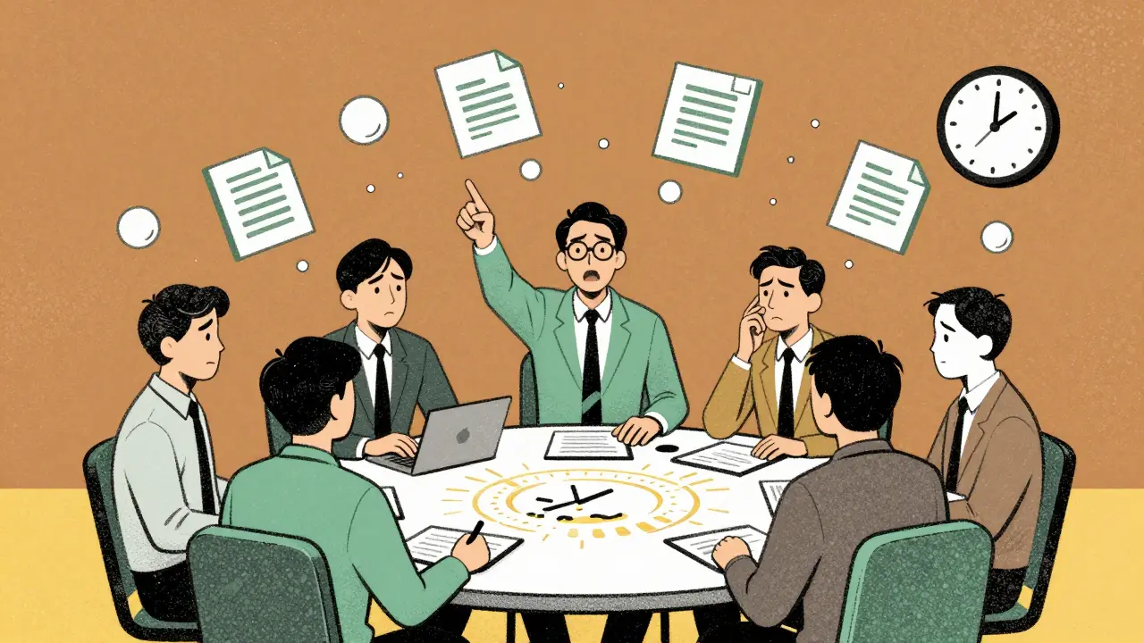 Team in a business simulation game debate budget allocation, tension visible in their body language.