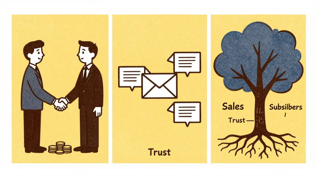 Три сцены: рукопожатие, письмо и растущее дерево — символ кросс-промо.