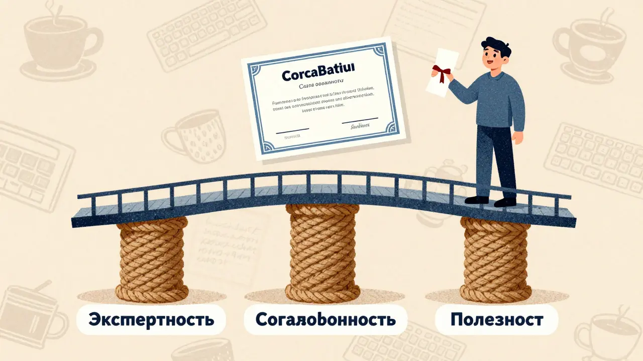 Три столпа поддерживают мост к студенту с дипломом — в стиле ризографа с текстурой бумаги.