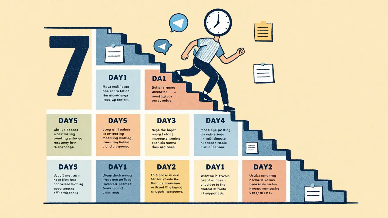 Участник проходит 7-дневный марафон, каждый день — новый шаг к успеху с напоминаниями.
