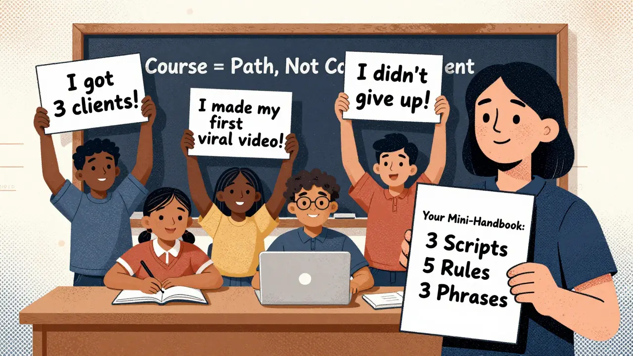 Ученики держат знаки с победами, а учитель показывает мини-справочник — символ постоянной поддержки после курса.