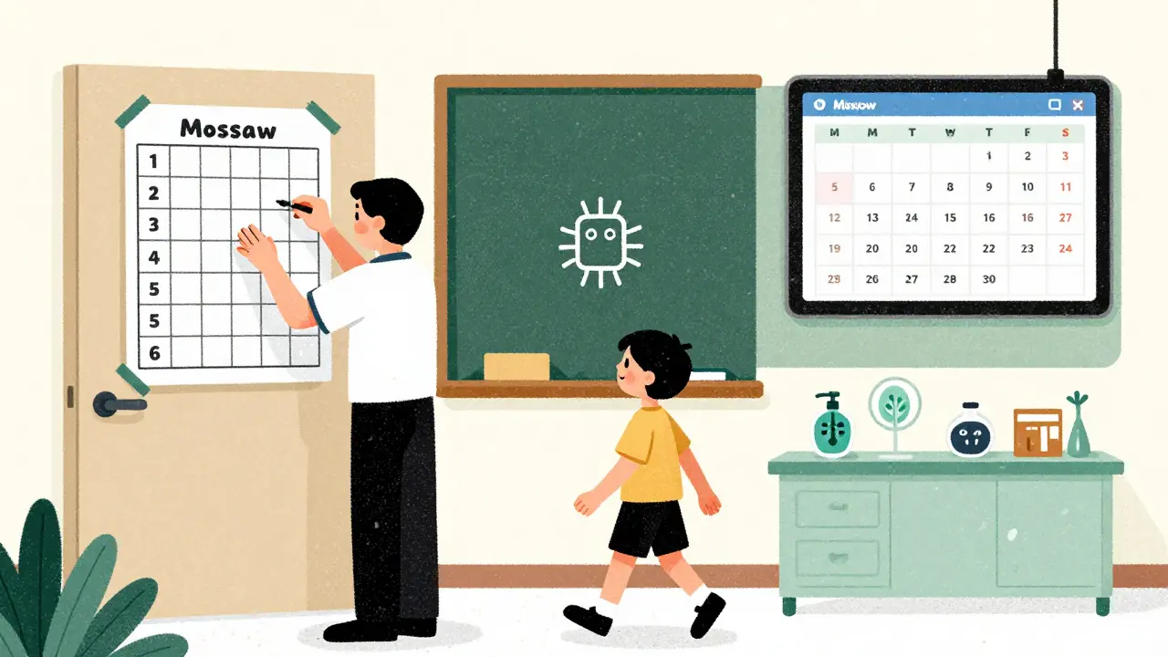 Учительница корректирует расписание на двери, ребёнок идёт к кабинету биологии.