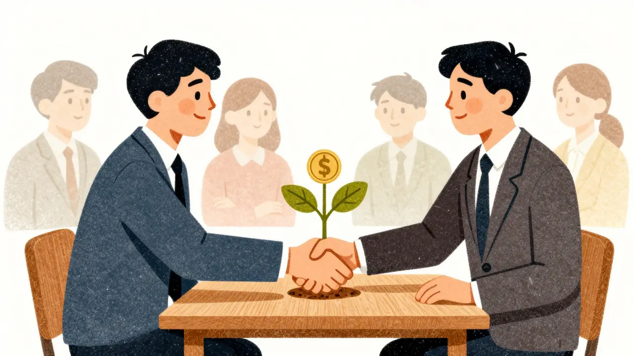 Успешное партнёрство, рукопожатие и рост прибыли.