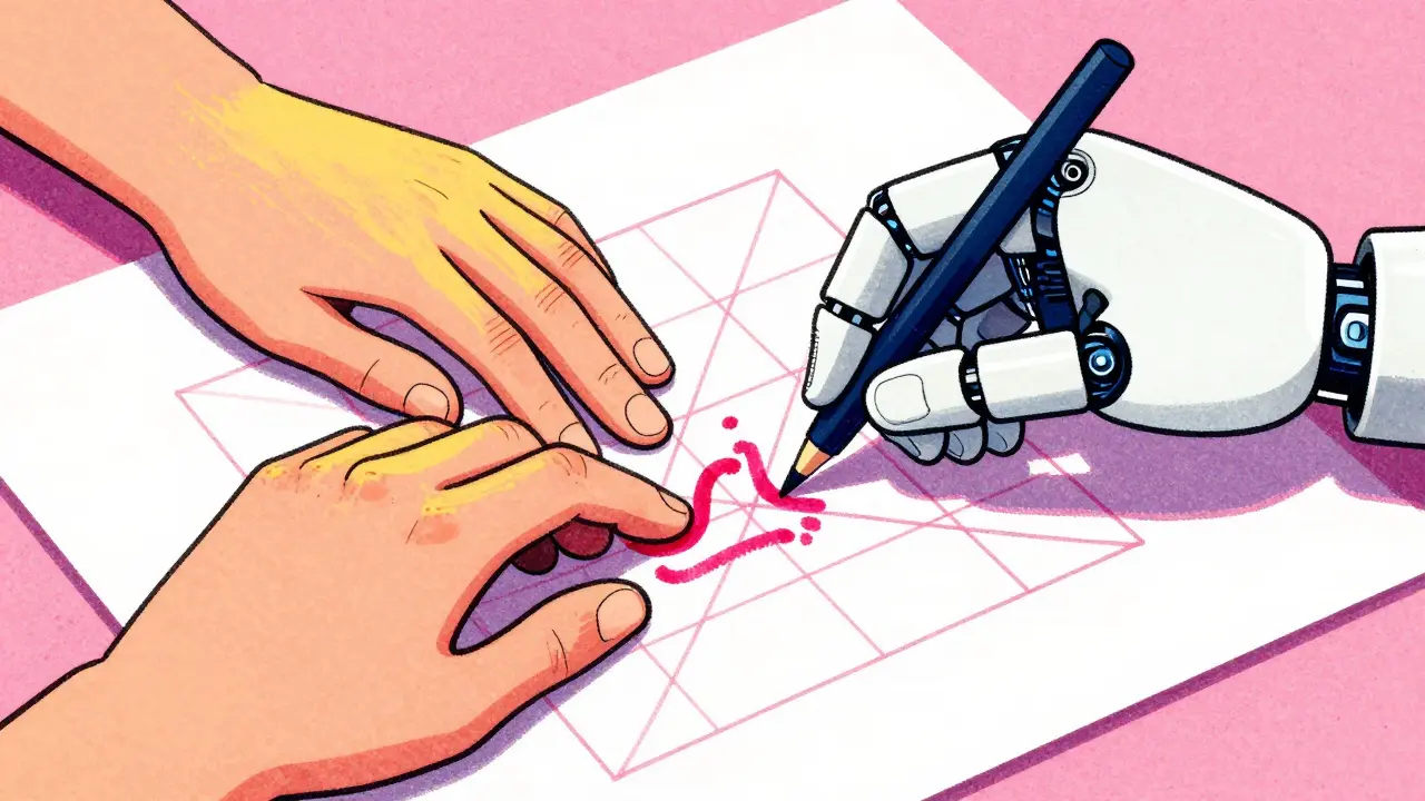 Человек и робот вместе создают уникальное произведение искусства в стиле ризографии