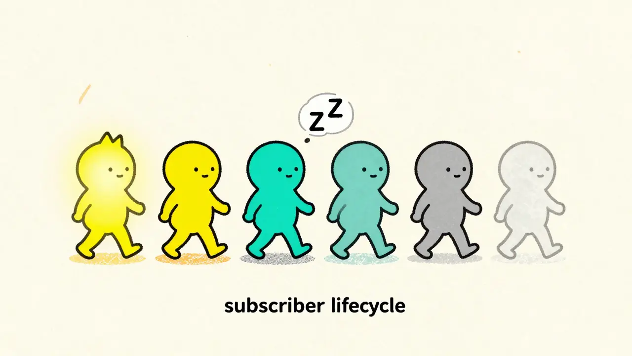 Цикл жизни подписчика от активного до спящего в стиле ризографии