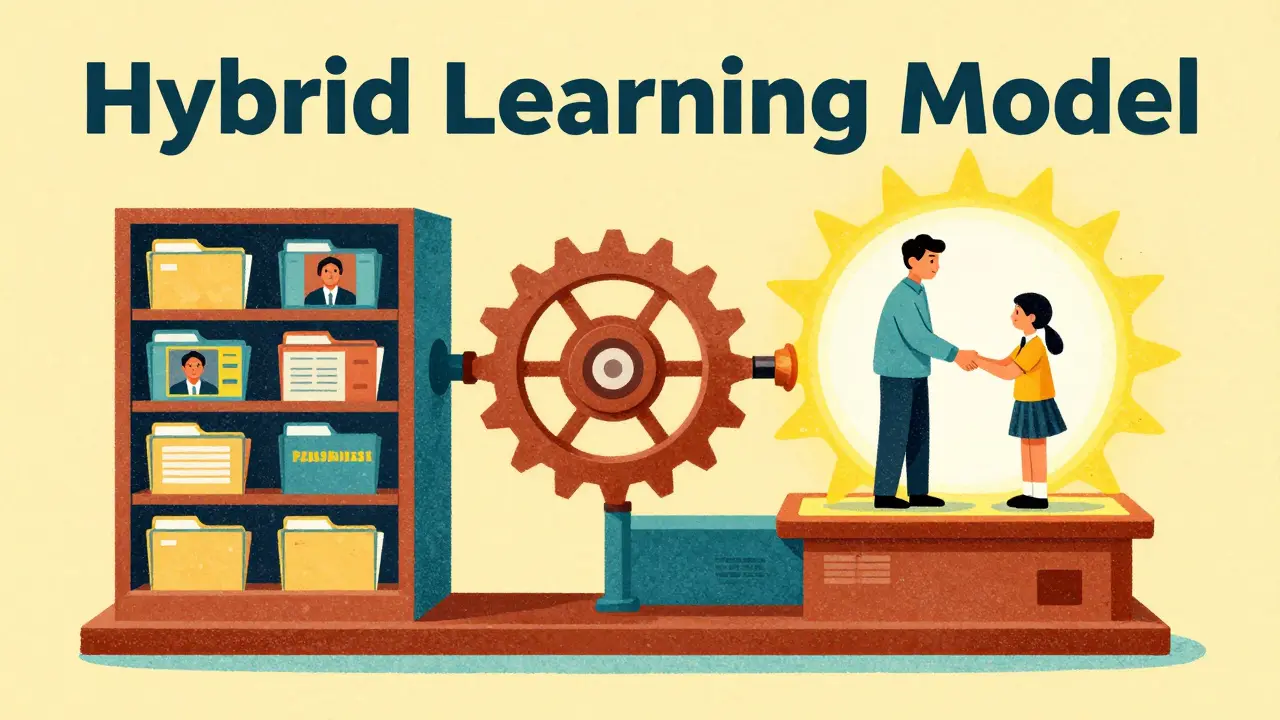 Концептуальная схема гибридного обучения, объединяющая записи и живую практику