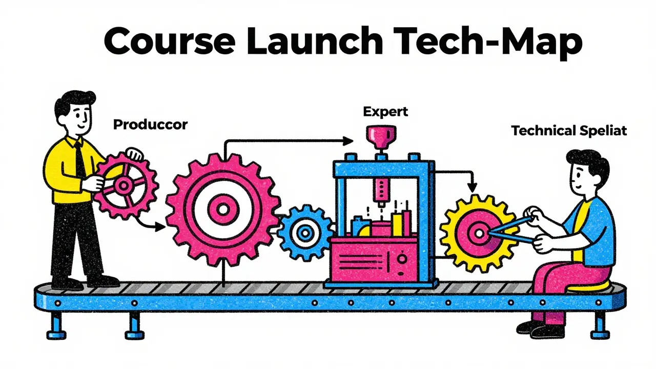 Механическая схема запуска курса с шестеренками и ролями команды в стиле ризографии.