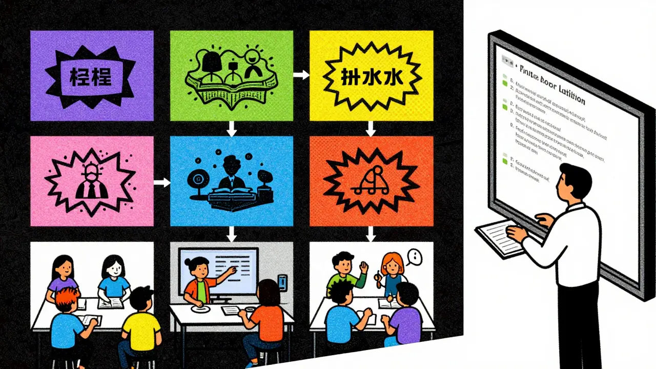 Преподаватель ведет группу по структурированным блокам знаний на интерактивной доске.