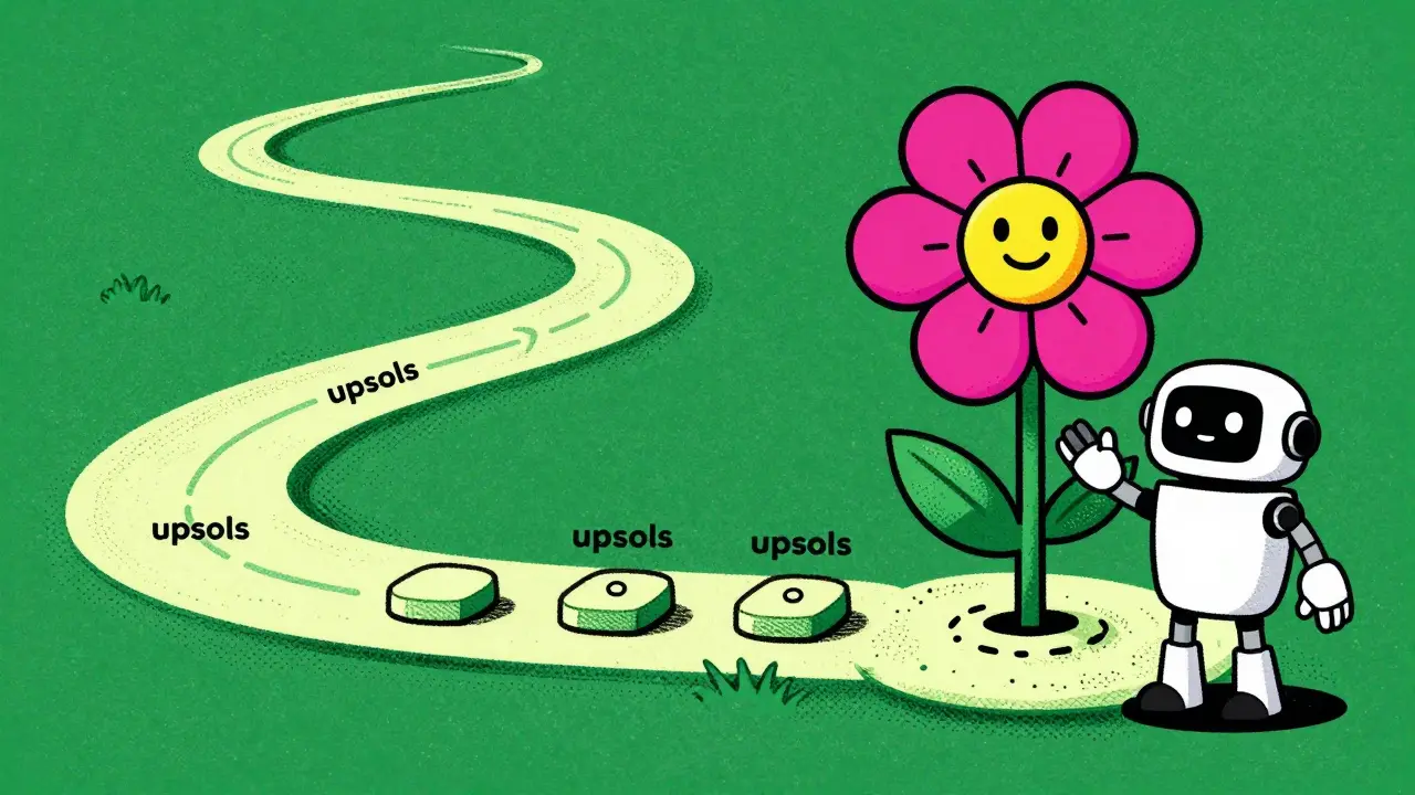 Путь клиента от бесплатного продукта к основной покупке с помощью робота-помощника в стиле ризографии.