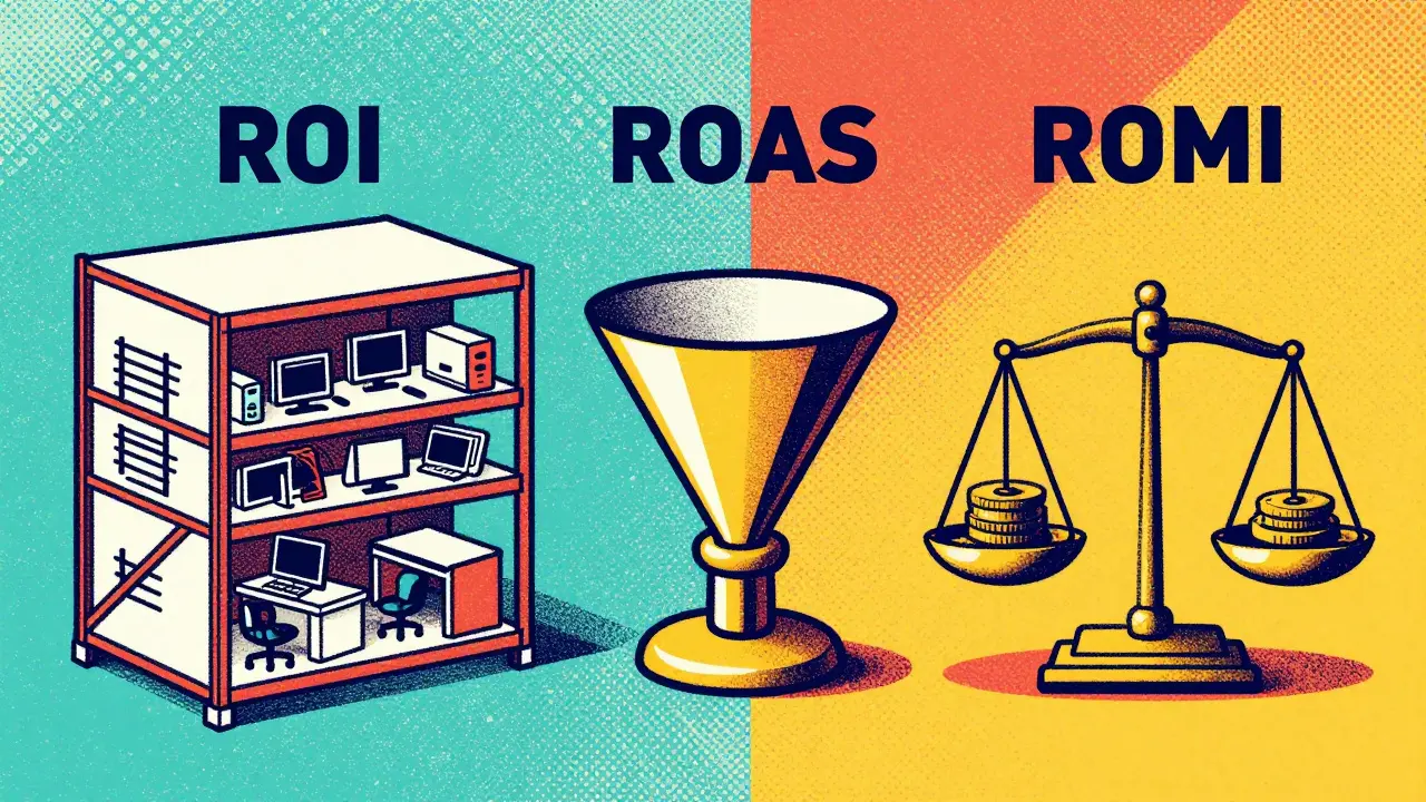 Стилизованное сравнение ROI, ROAS и ROMI в виде склада, воронки и весов в технике ризографии.