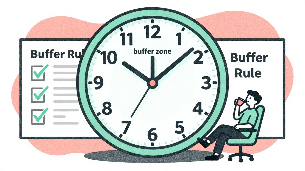 Стилизованные часы с выделенной зоной временного буфера и довольный сотрудник.