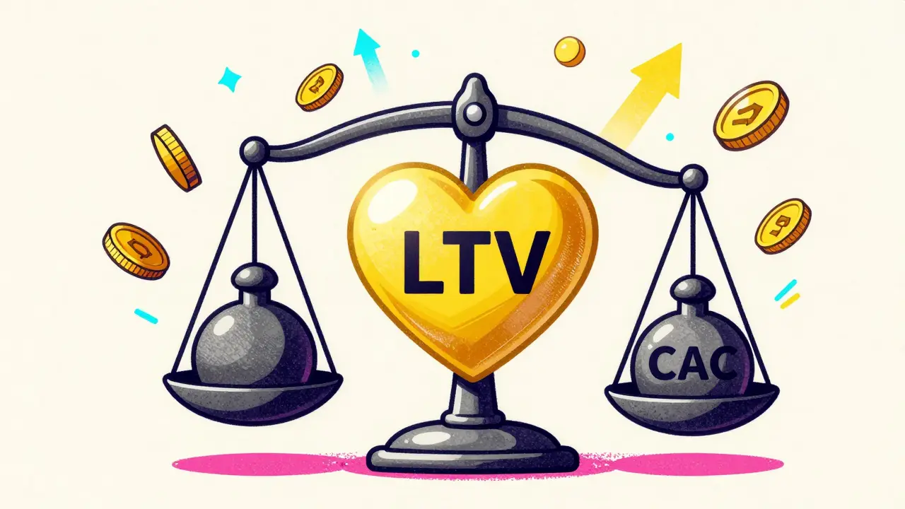 Весы, сравнивающие пожизненную ценность клиента LTV и стоимость его привлечения CAC