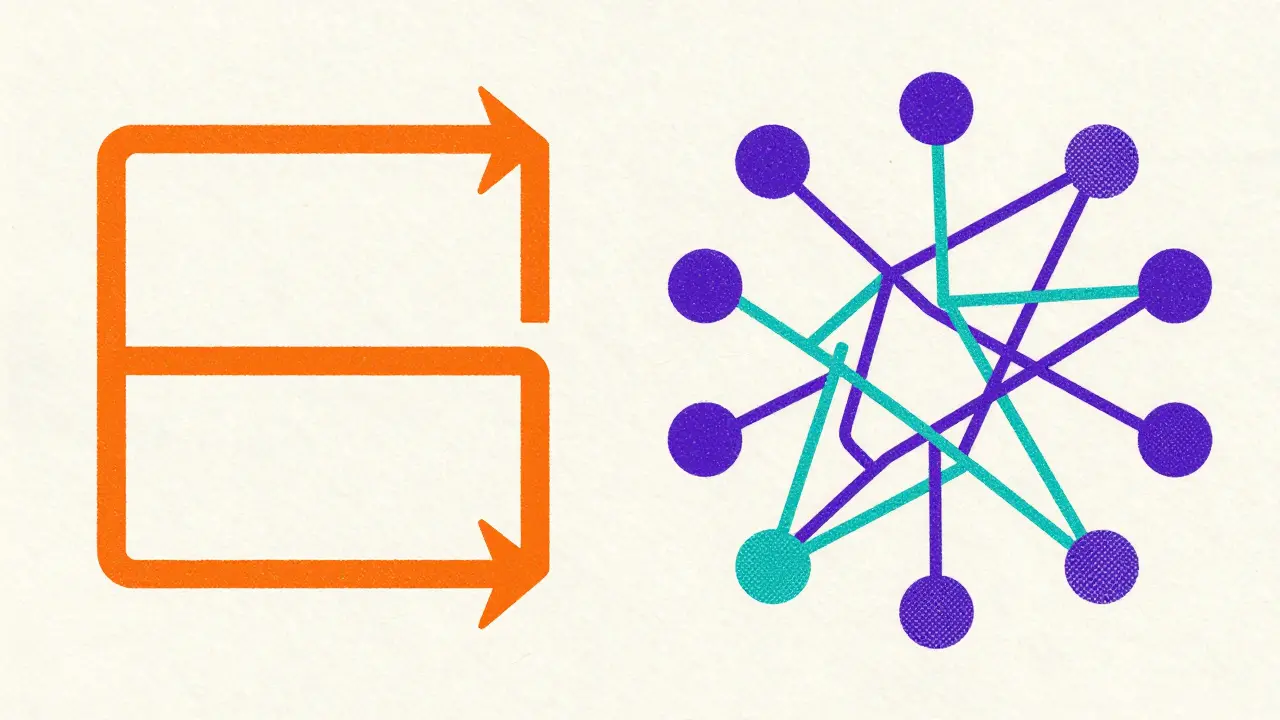 Сравнение линейной логики Zapier и сложной сети Make в стиле ризографии