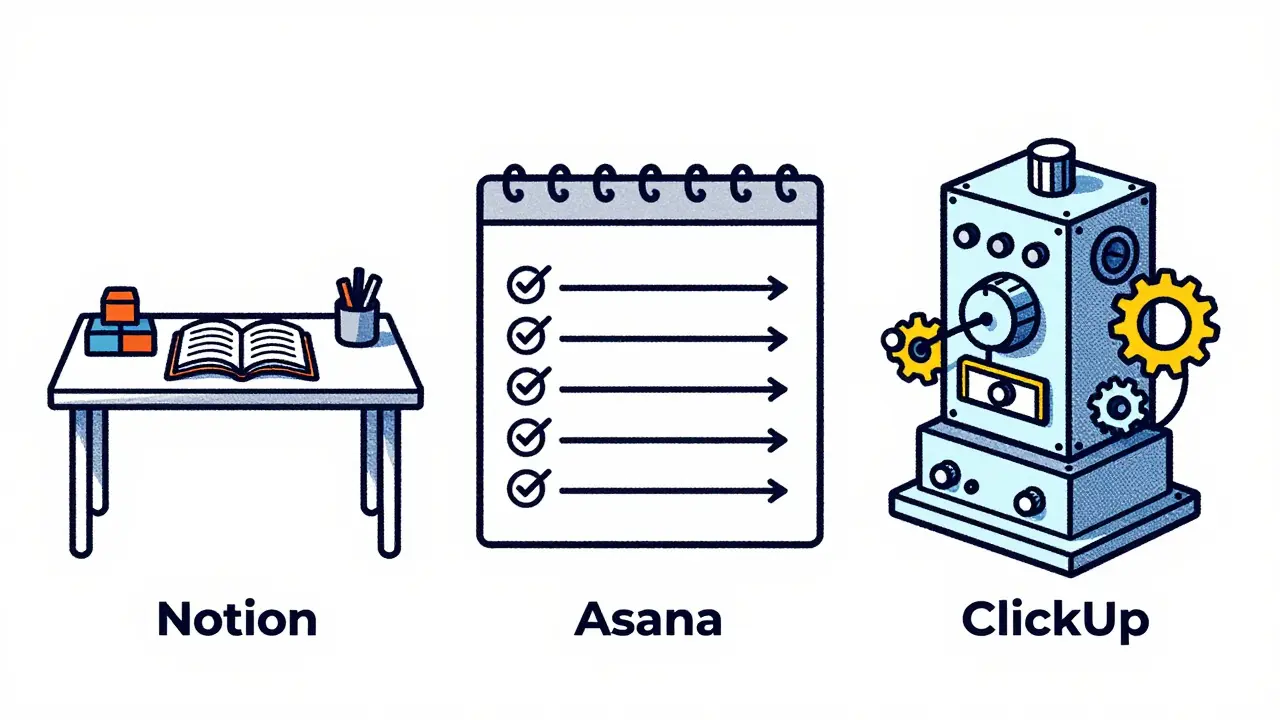 Сравнение Notion, Asana и ClickUp в стиле ризографической иллюстрации